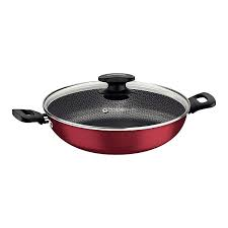 PANELA WOK LORETO EM ALUMÍNIO C/ TAMPA DE VIDRO VERMELHA 28CM 3,3L