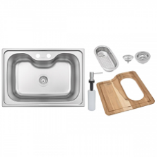 CUBA INOX RETANGULAR 69X49X20CM MORGANA 60FX ACETINADA AÇO 304 C/ VÁLVULA, DOSADOR DE SABÃO, TÁBUA E CESTO